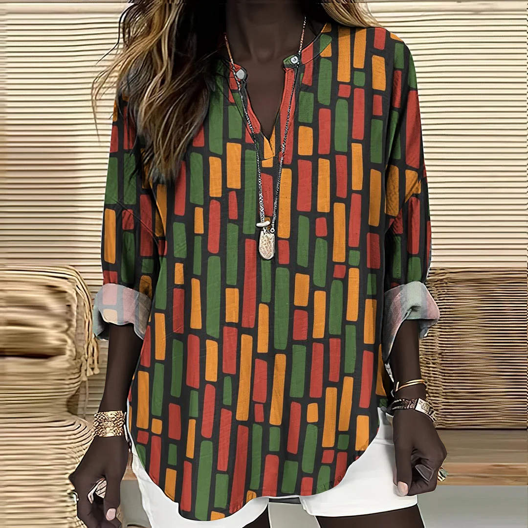 Juneteenth Contrast Stripe Print V-neck Linen Blend Blouse
