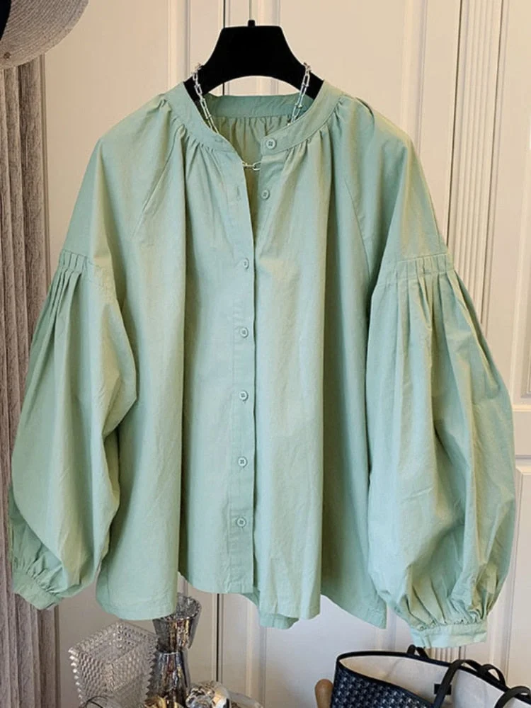 Sonicelife Vintage Shirts New Fashion French Oversize Pleated Bubble Sleeve Loose O-neck Panel Unique Design Blouse Women's Clothes Top