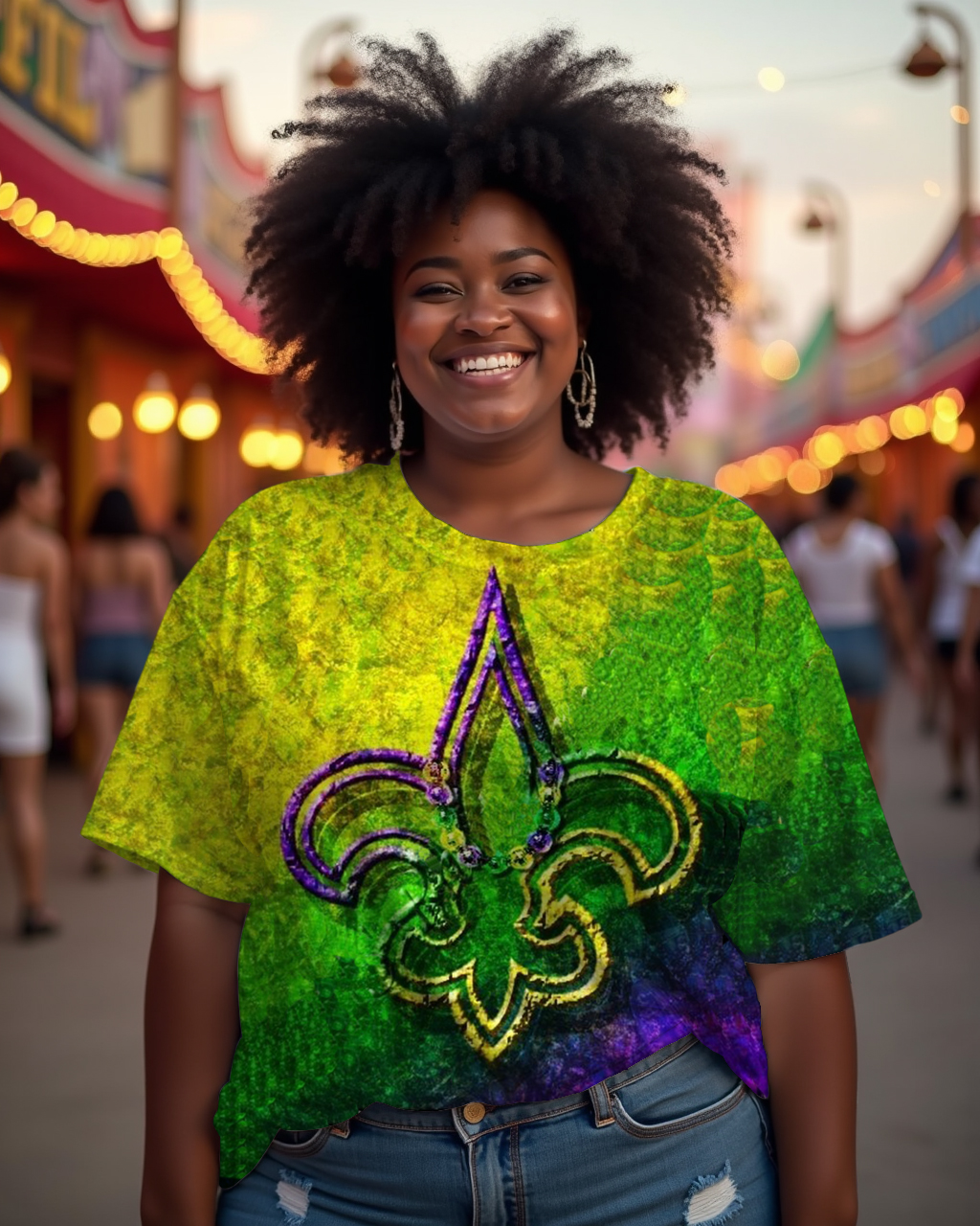 Women's Plus Size Mardi Gras Round Neck Short Sleeve T-Shirt