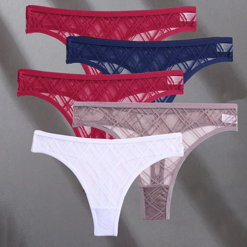 FINETOO 5PCS/Set Lace Sexy Women Thongs Floral Perspective G-string Lingerie Panties Low-Waist Femme Girls Underwear Mesh Pantys