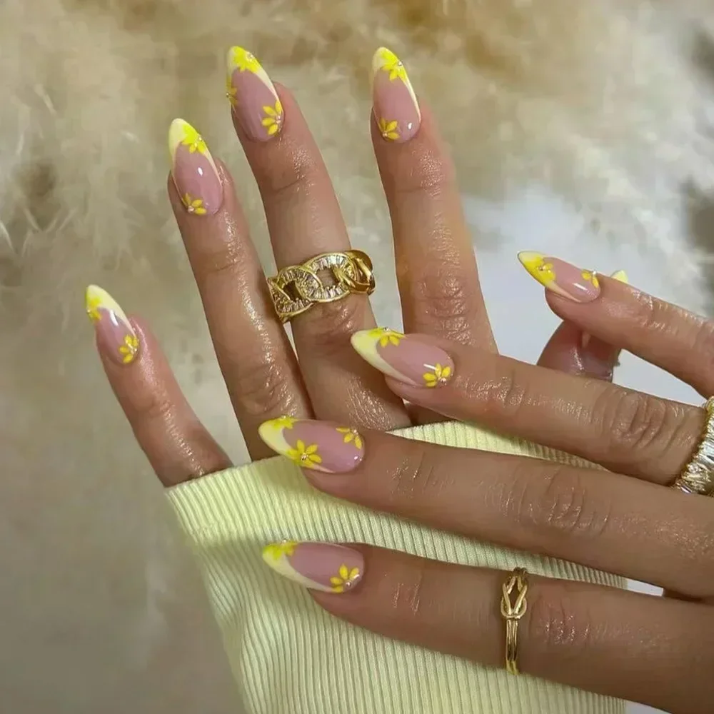 Lidudu French Press on Fake Nails with Flowers Designs Summer Blue Short Almond False Nails Wearable French Full Cover Press on Nails