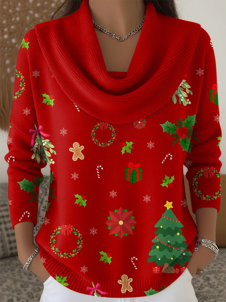 Women's Christmas Pattern Print Cowl Neck Sweater