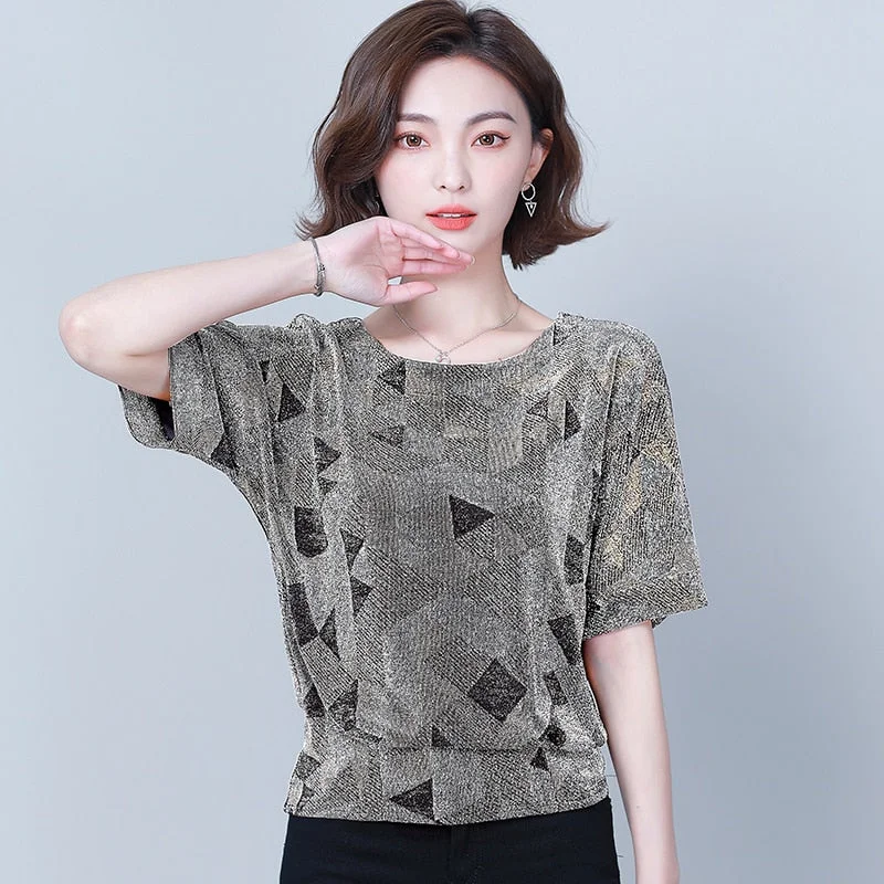 Red Shirt 2021 Summer New Women's T-Shirt Short Sleeve Sequin T-shirt Women's Top and Shirt Korean Office Lady Style Tops 14082