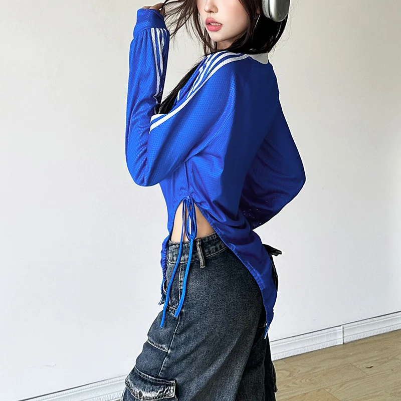 Uveng Autumn 2024 New Women's Unique Number Printing Side Striped Pull Rope Design Top