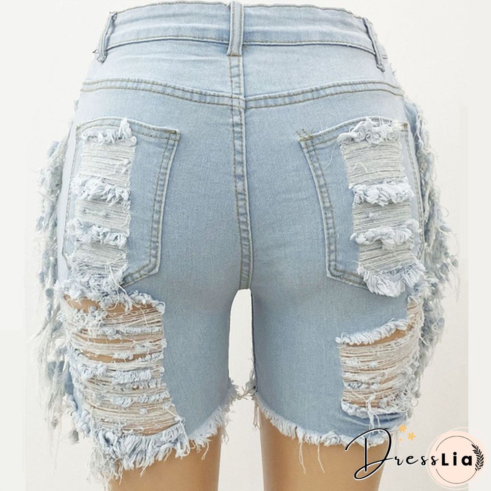 New Tassel Denim Short Women Street Fashion Stretch Ripped Denim Shorts