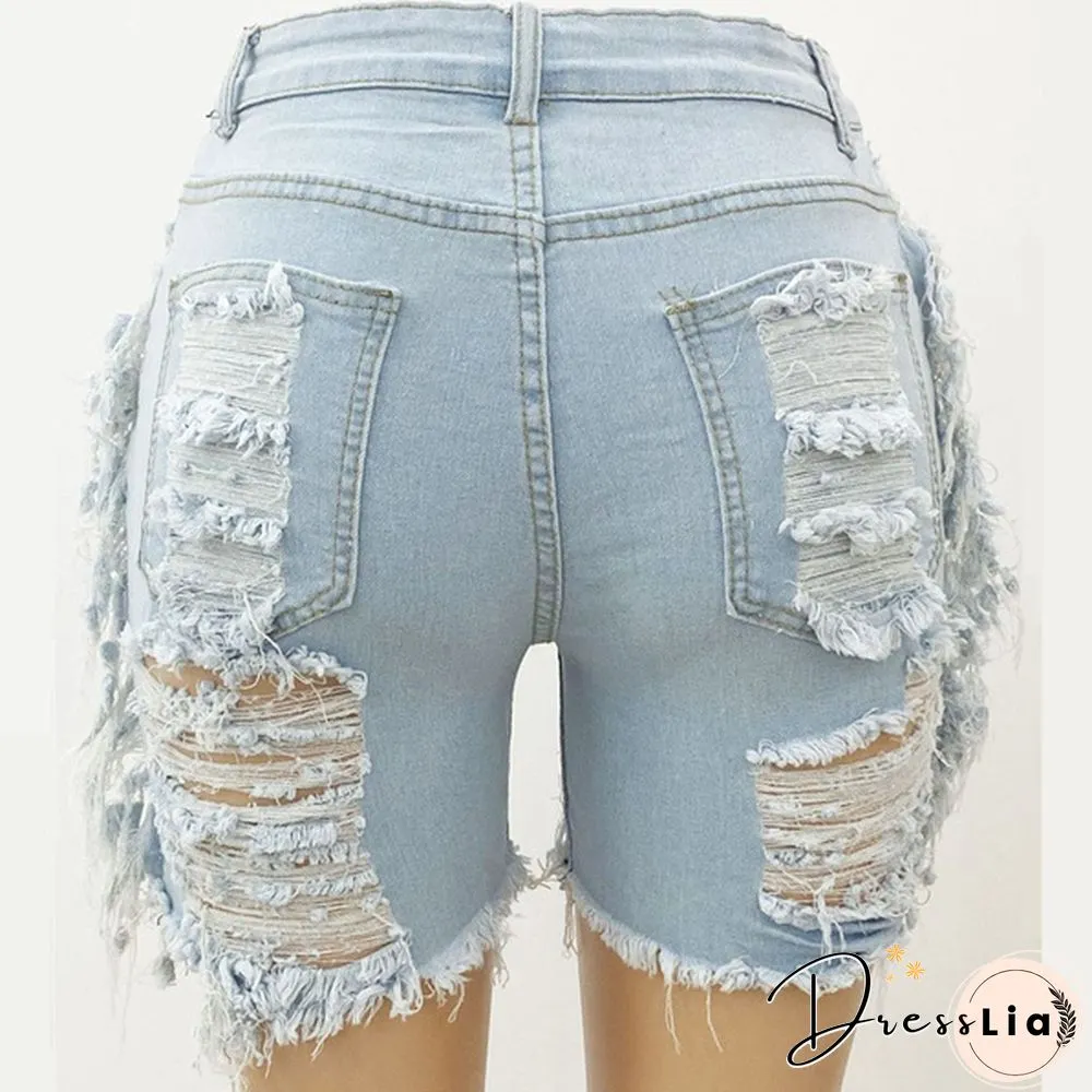 New Tassel Denim Short Women Street Fashion Stretch Ripped Denim Shorts