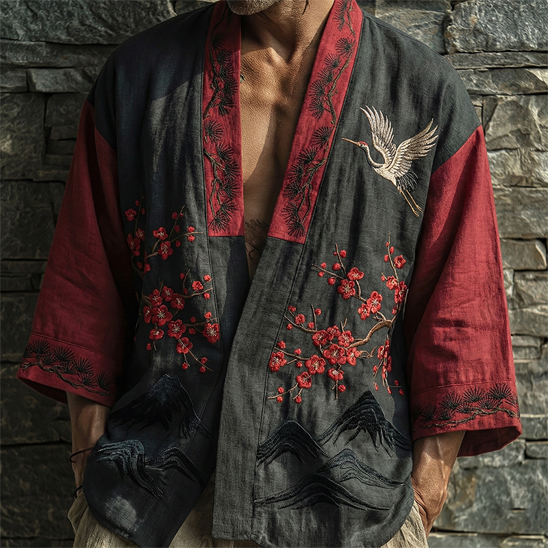 Japanese Cherry Blossoms Cranes Patchwork Art Linen Kimono Cardigan  artssus