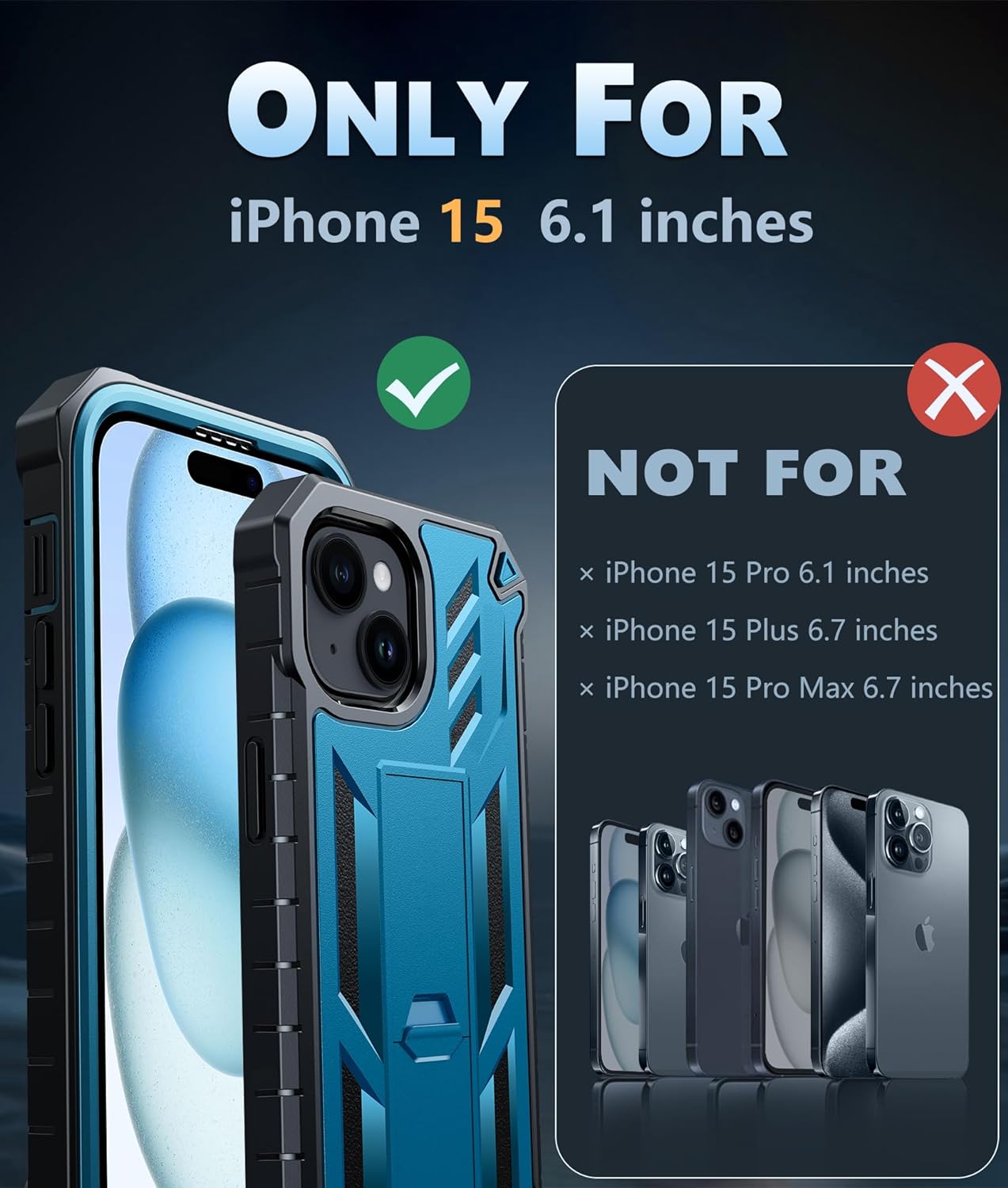 ProCaseMall iPhone 15 Phone Case Military Grade Shockproof Full Protection Hard Phonecase with Kickstand Blue