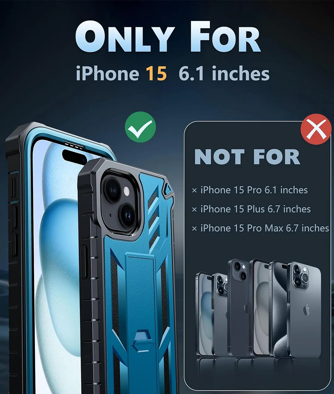 ProCaseMall iPhone 15 Phone Case Military Grade Shockproof Full Protection Hard Phonecase with Kickstand Blue