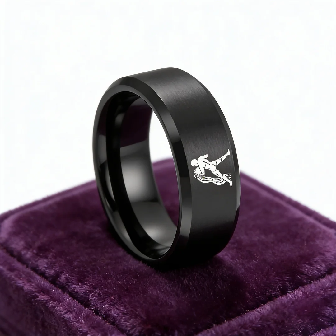 Beveled Edges Black Laser Etched Tungsten Carbide Rings Black Aquarius Couple Wedding Band 4MM 6MM 8MM
