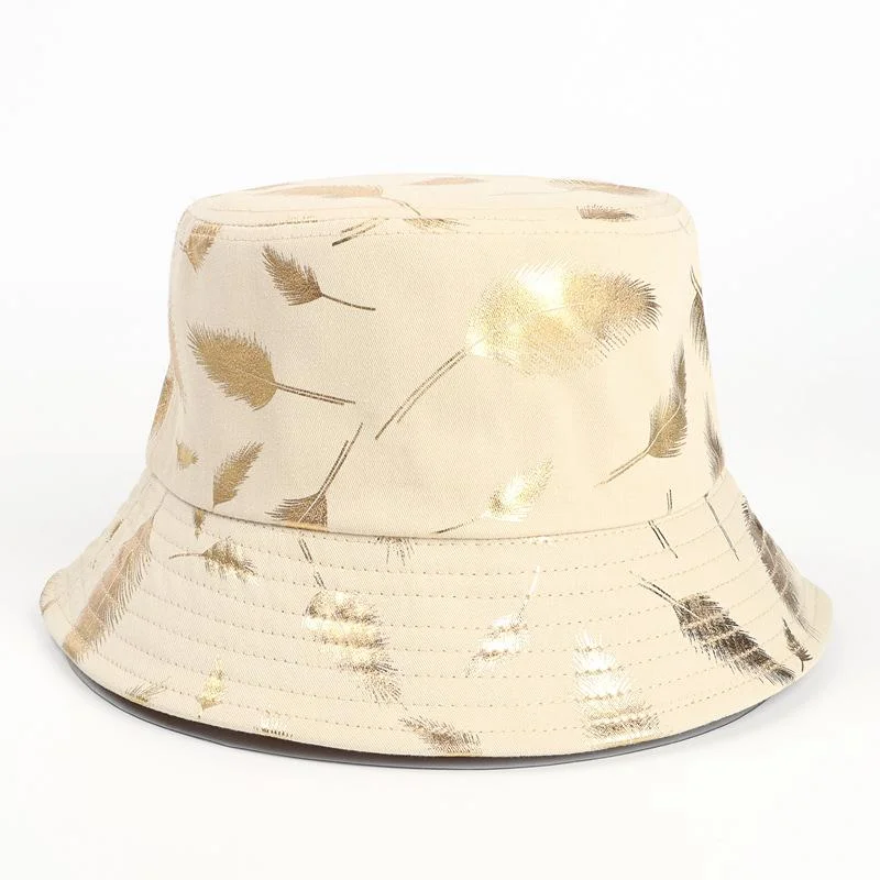 Women's Bucket Hats Gold Feather Floral Print Stylish UV Protection Sun Hats