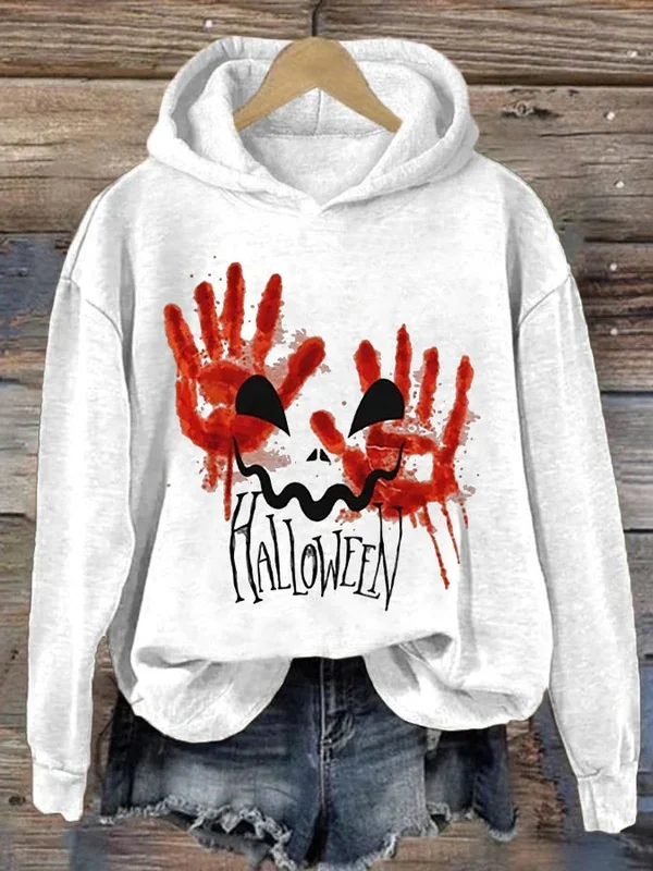 Halloween Bloody Palm Scary Face Print Hooded Sweatshirt