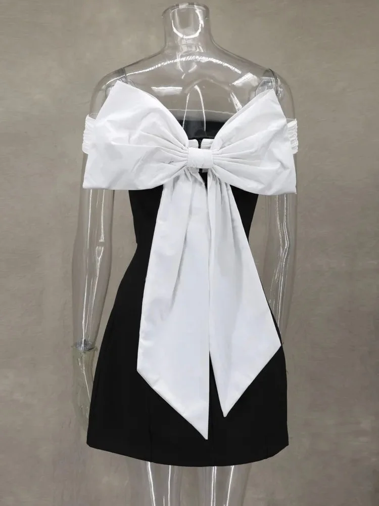 Toloer Black Off-shoulder Large Back Bow Mini Dress-Outfit Ideas