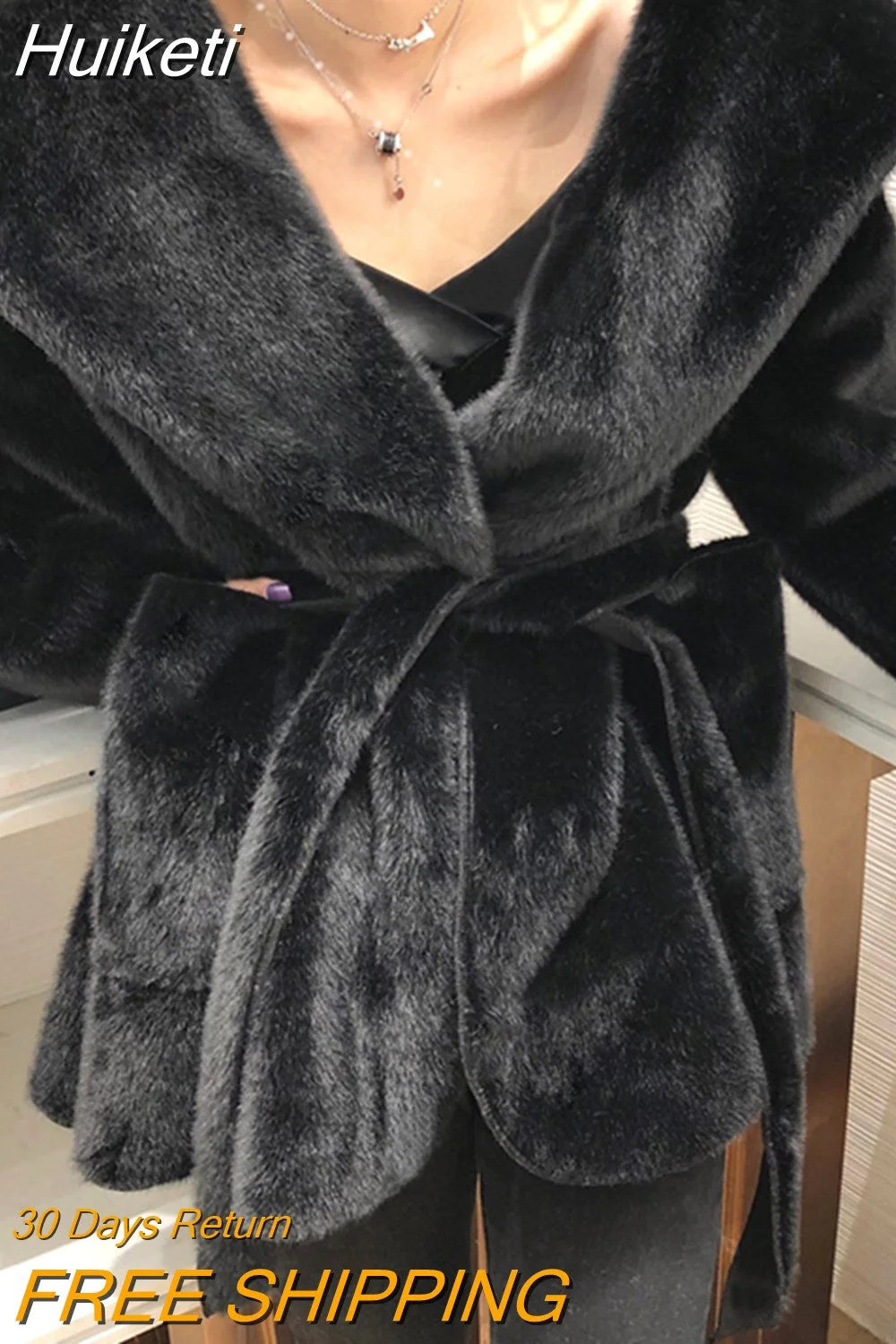Huiketi Winter Black Warm Oversized Faux Fur Cardigan Women Drop Shoulder Long Sleeve Sashes Loose Stylish Korean Fashion 2023