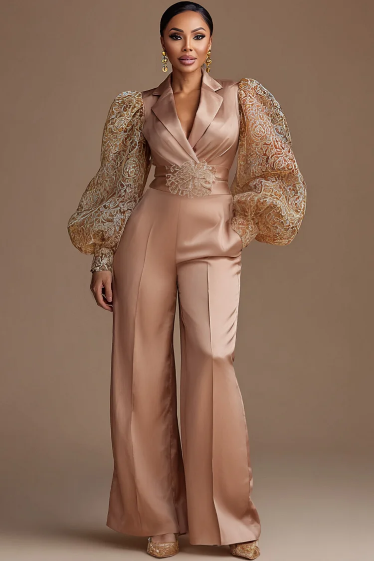 Xpluswear Design Plus Size Mother Of The Bride Tulle Champagne Turndown Collar Long Sleeve Pocket Elegant Satin Jumpsuits [Pre-Order]