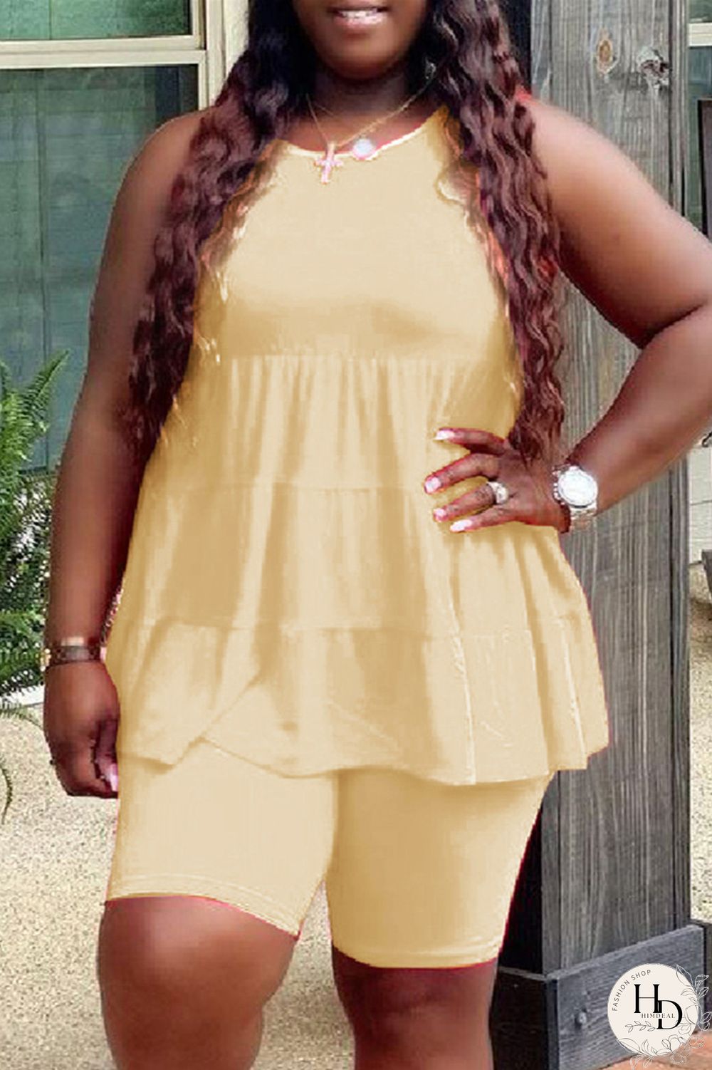 Yellow Fashion Casual Solid Basic O Neck Plus Size Two Pieces