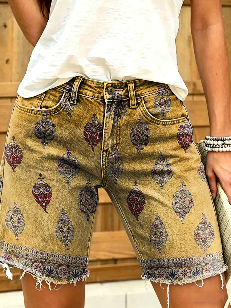 Women's Vintage Floral Print Denim Shorts