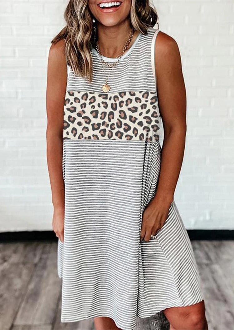 Striped Leopard Sleeveless Mini Dress - Gray