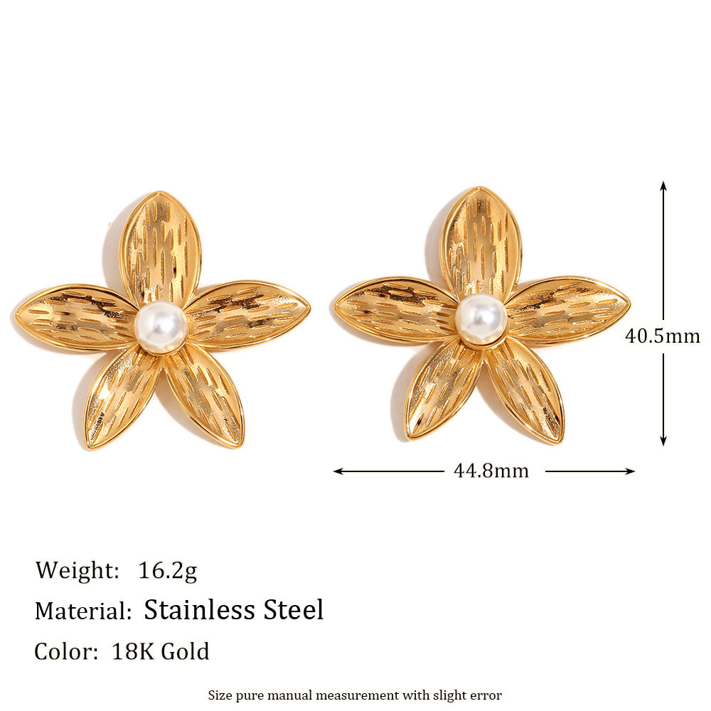 Vintage Earrings Stainless Steel 18K Gold Plated Frangipani Pearl Flower Ring For Women
