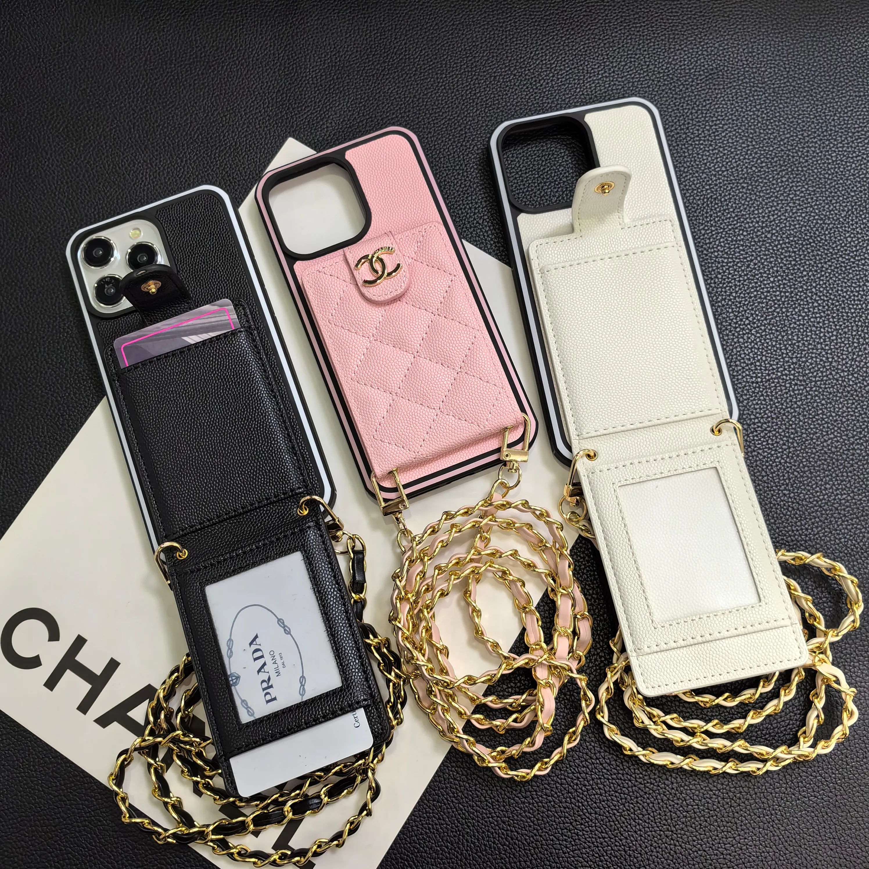 Luxurious Lambskin Chanel Button Card Holder iPhone Case Crossbody