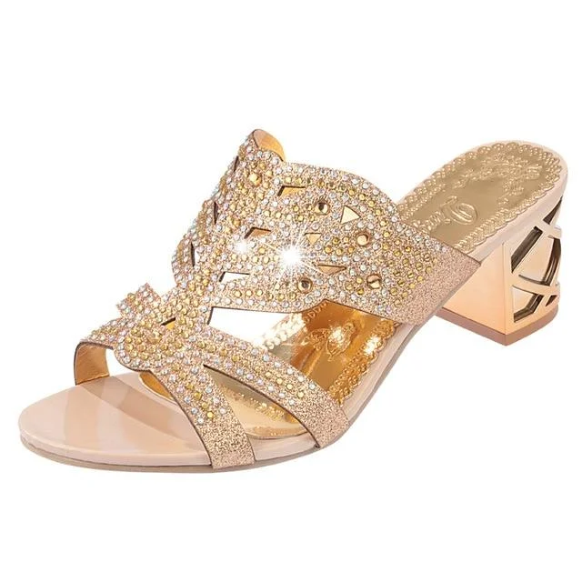 Women Rhinestones Slippers Slides Thick High Heels Gladiator Beach Flip Flops Sandal Shoes