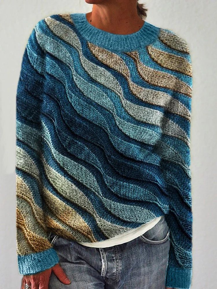 Beach Sea Waves Inspired Knit Art Cozy Sweater