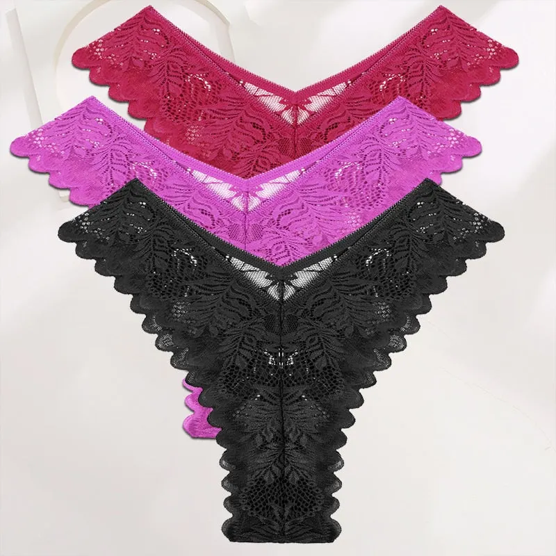FINETOO 3PCS/Set Lace Gstring Panties Women Sexy M-XL Girls Thongs Perspective Temptation New Pantys Underwear Female Intimates