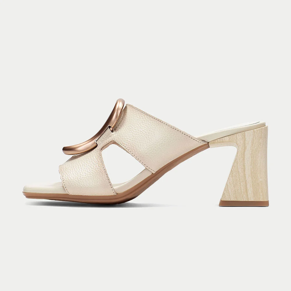 Ivory Vegan Leather Square Toe Metal Decor Slip On Women's Sandals
