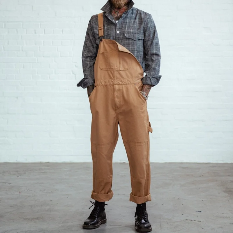 Casual Khaki Gun Color Rivet Large Pocket Loose Cotton Overalls