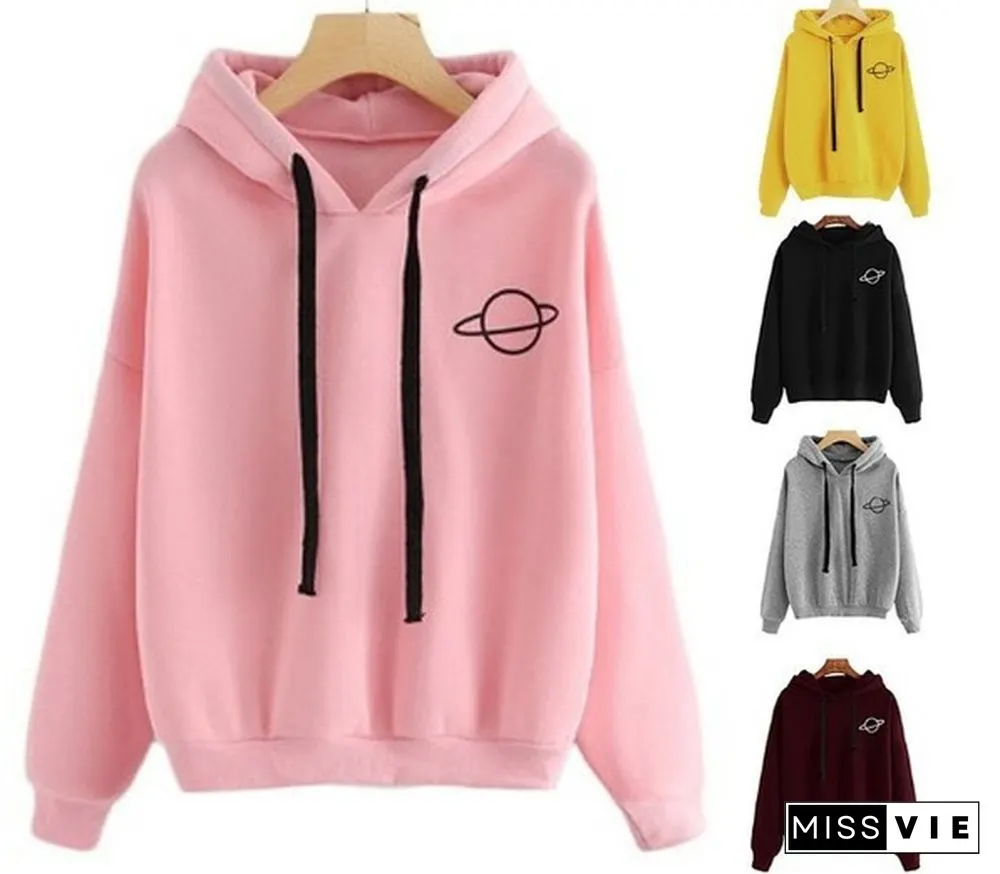 Print Planet Hoodie Women Spring Autumn Yellow Pullovers Ladies Solid Color Drawstring