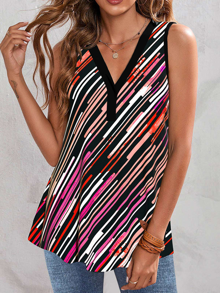 Women Sleeveless V-neck Striped Printed Buttons Top