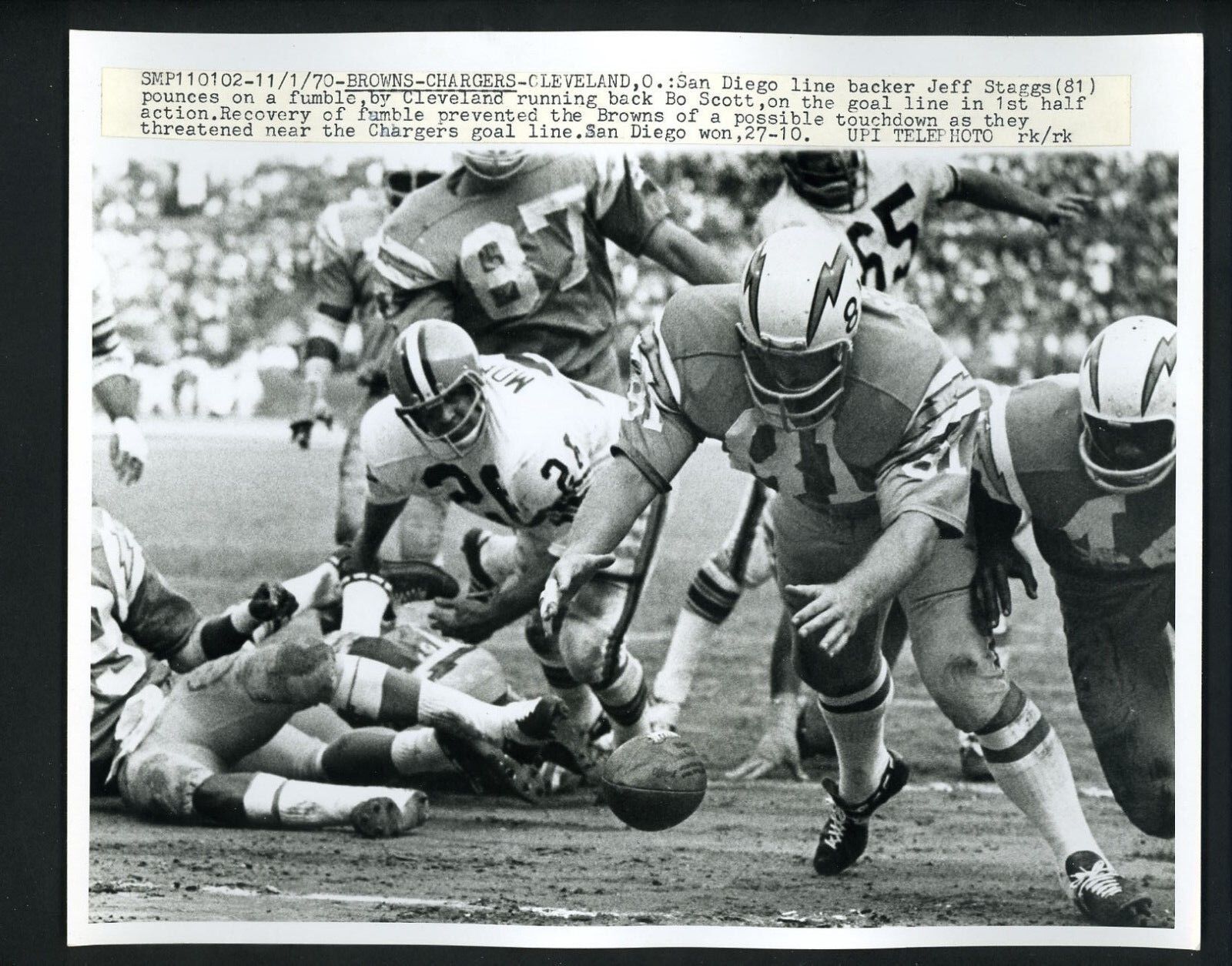 San Diego Chargers vs Cleveland Browns 1970 Press Photo Poster painting Jeff Staggs