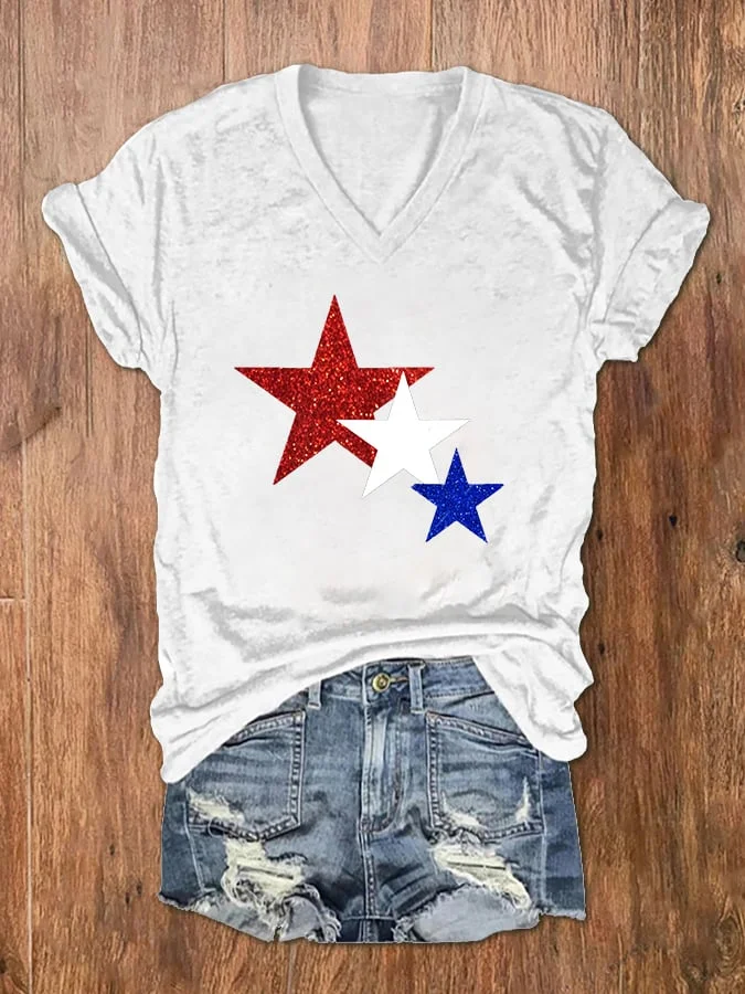 Women's 4th Of July Blue And White Star Print V-Neck T-Shirt socialshop