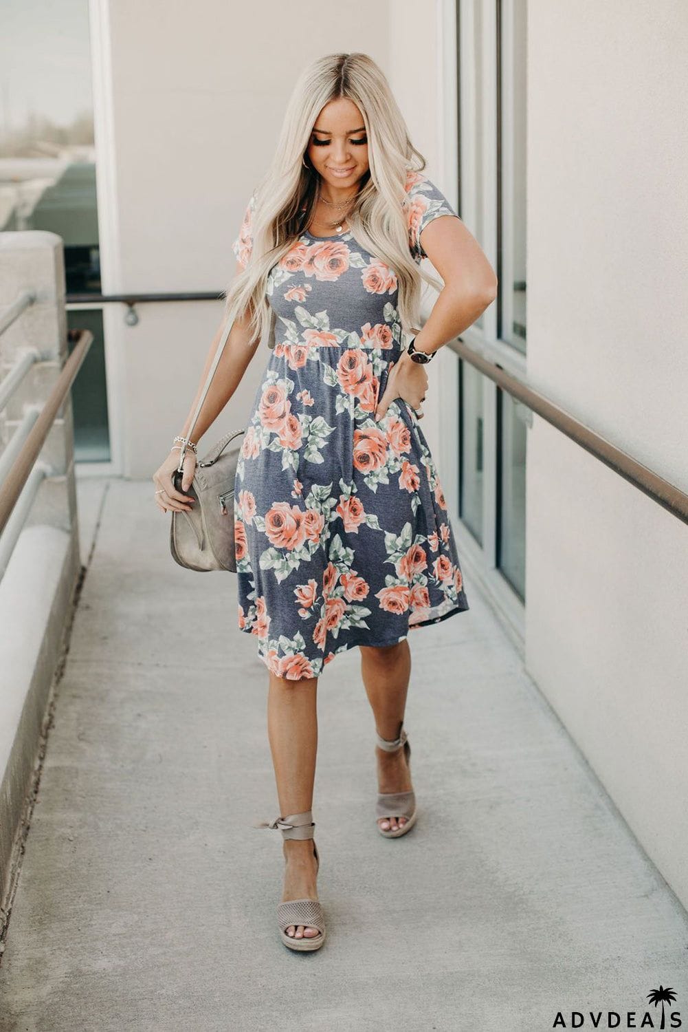 Floral Print Short Sleeve Pleated Mini Dress