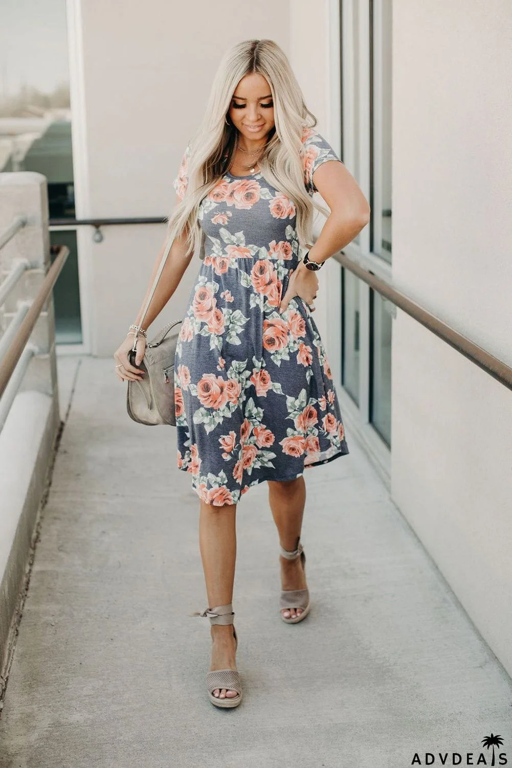 Floral Print Short Sleeve Pleated Mini Dress