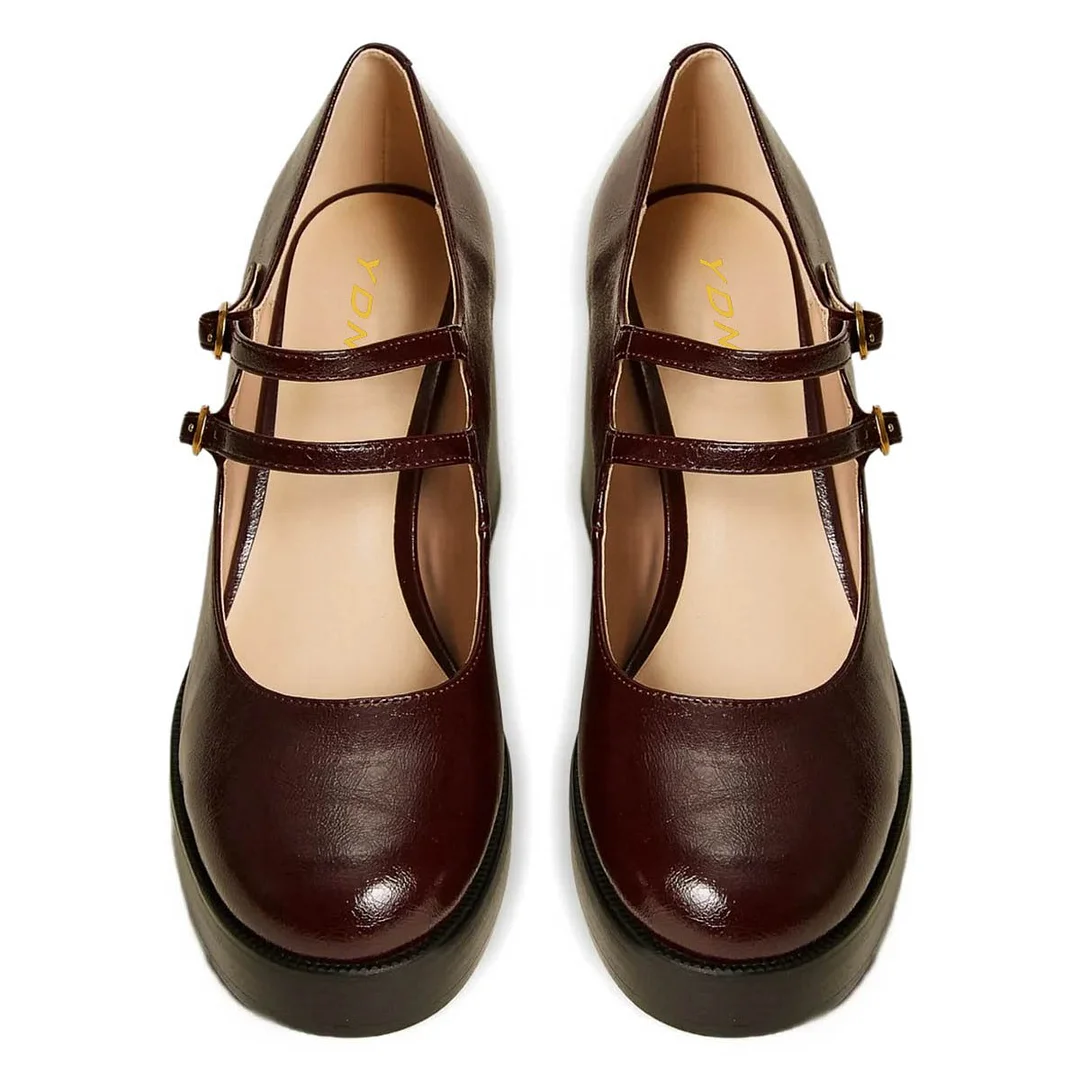 Round Toe Chunky Heel Buckle Strap Comfy Platform Mary Janes in Brown