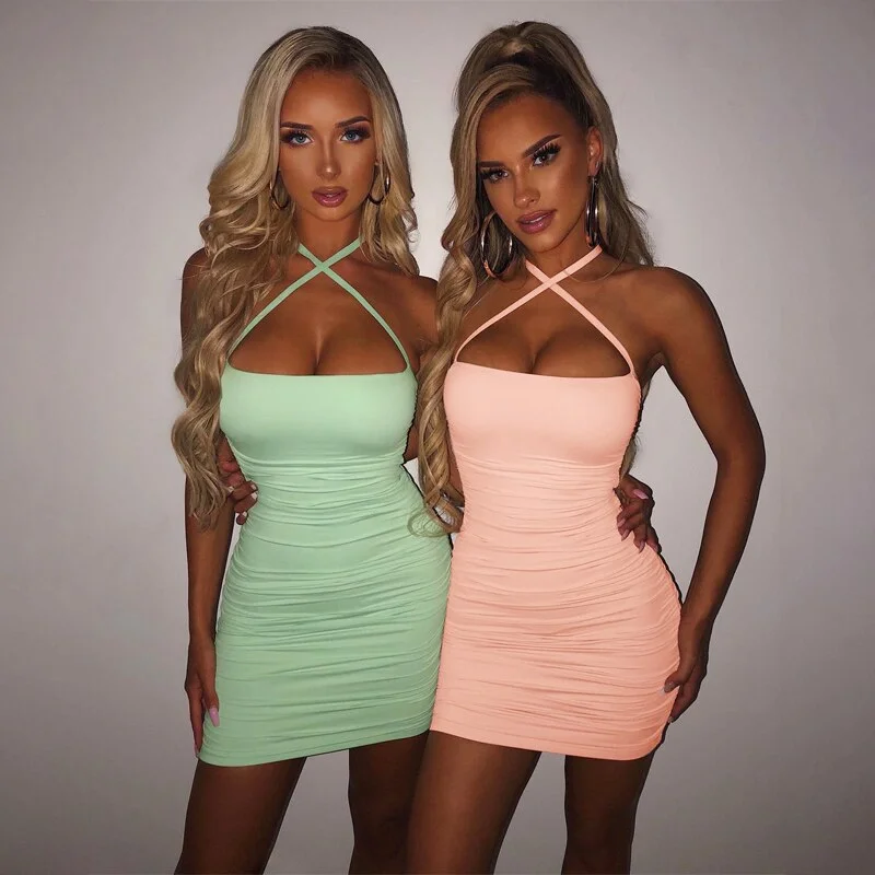 Dulzura Solid Ruched Cross Strap Mini Dress Bodycon Sexy Party Elegant Streetwear Women 2021 Summer Clothes Club Holiday Casual