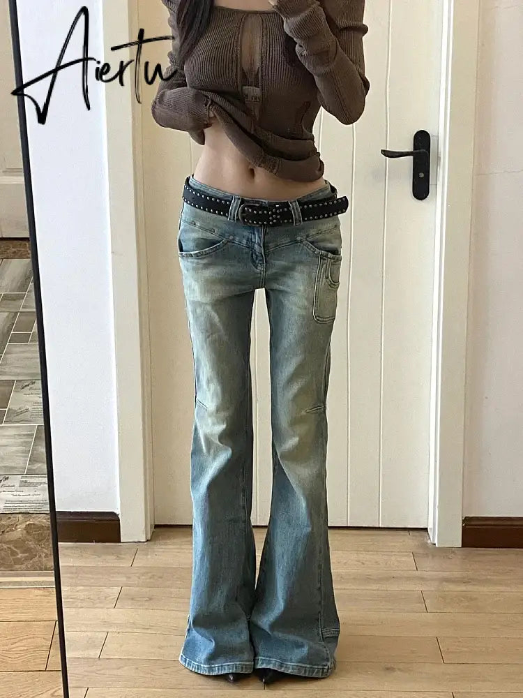 Aiertu Women Gyaru Japanese Harajuku Y2K Streetwear Low Rise Flare Denim Pants Jeans 2000s Vintage Bell-Bottom Trousers Kpop Goth Tide Aiertu