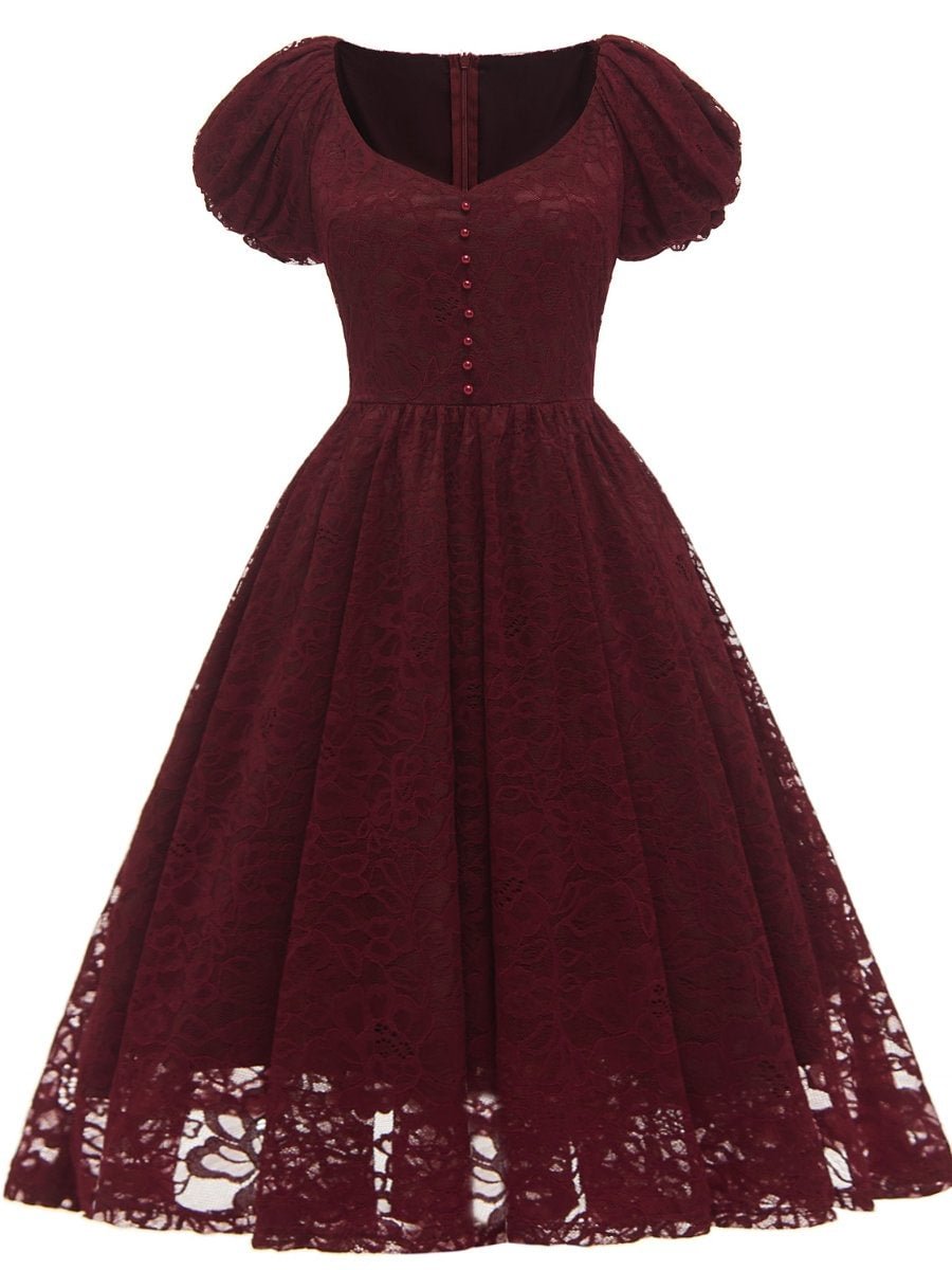 1950s Dress Round Neck Puff Sleeve High Waist Lace Swing Dress