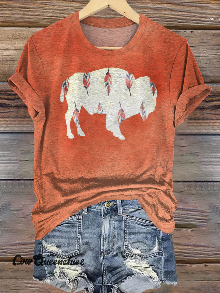 Retro Cow Feather Print Casual T-shirt Orange / S