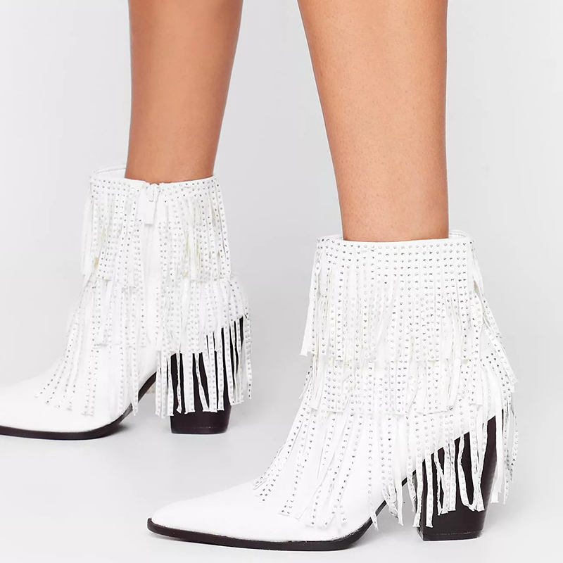 GOOSHOE White Tassel Zipper Chunky Heel Ankle Boots