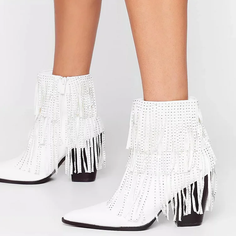 White Tassel Zipper Chunky Heel Ankle Boots Vdcoo