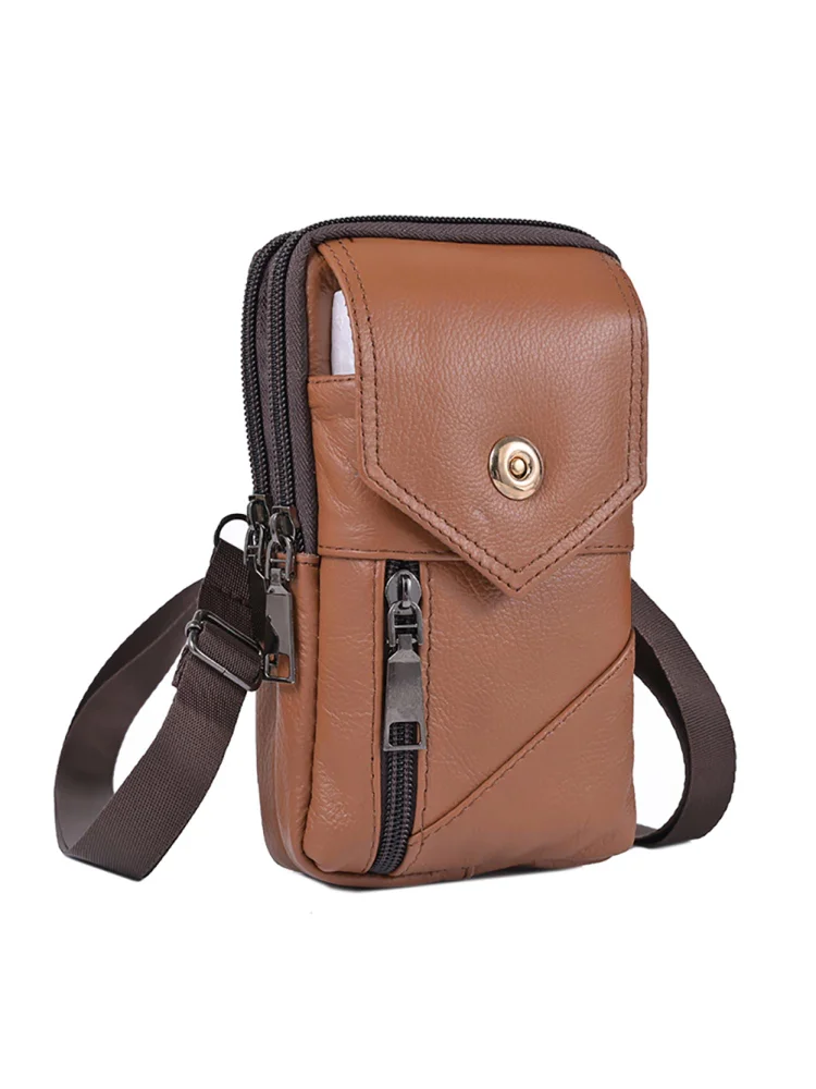 Men Leather Waist Bag Shoulder Mobile Phone Belt Bum Pouch (Yellow Brown)