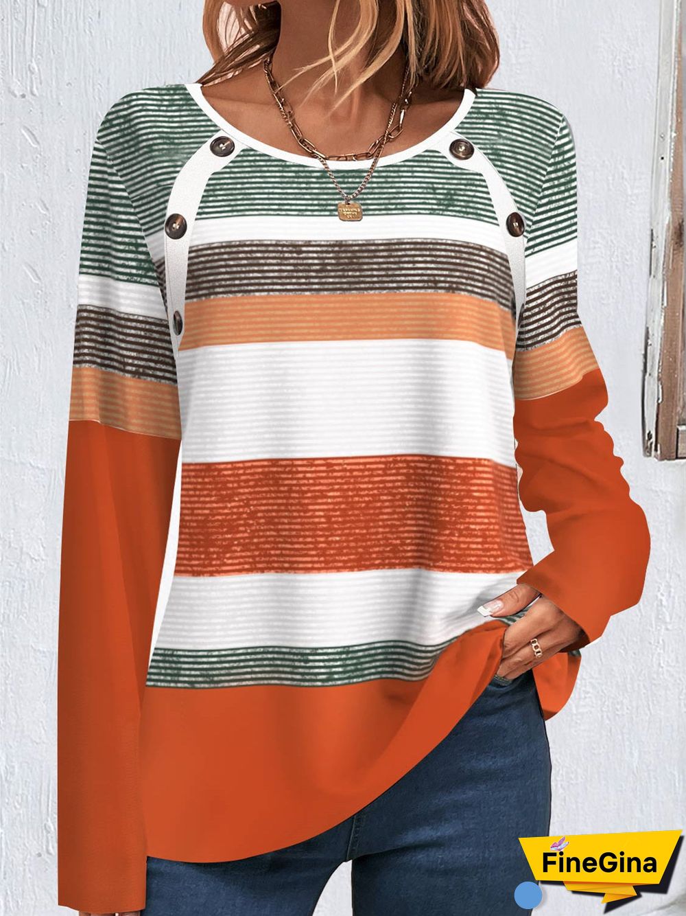 Women Long Sleeve Scoop Neck Graphic Printed Buttons Tops