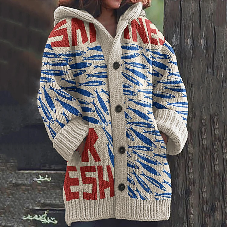 Vintage Fish Sardines Art Pattern Women's Hooded Sweater Cardigan