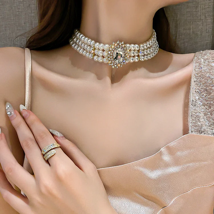 Crystal Rhinestone Multi-row Pearl Necklace