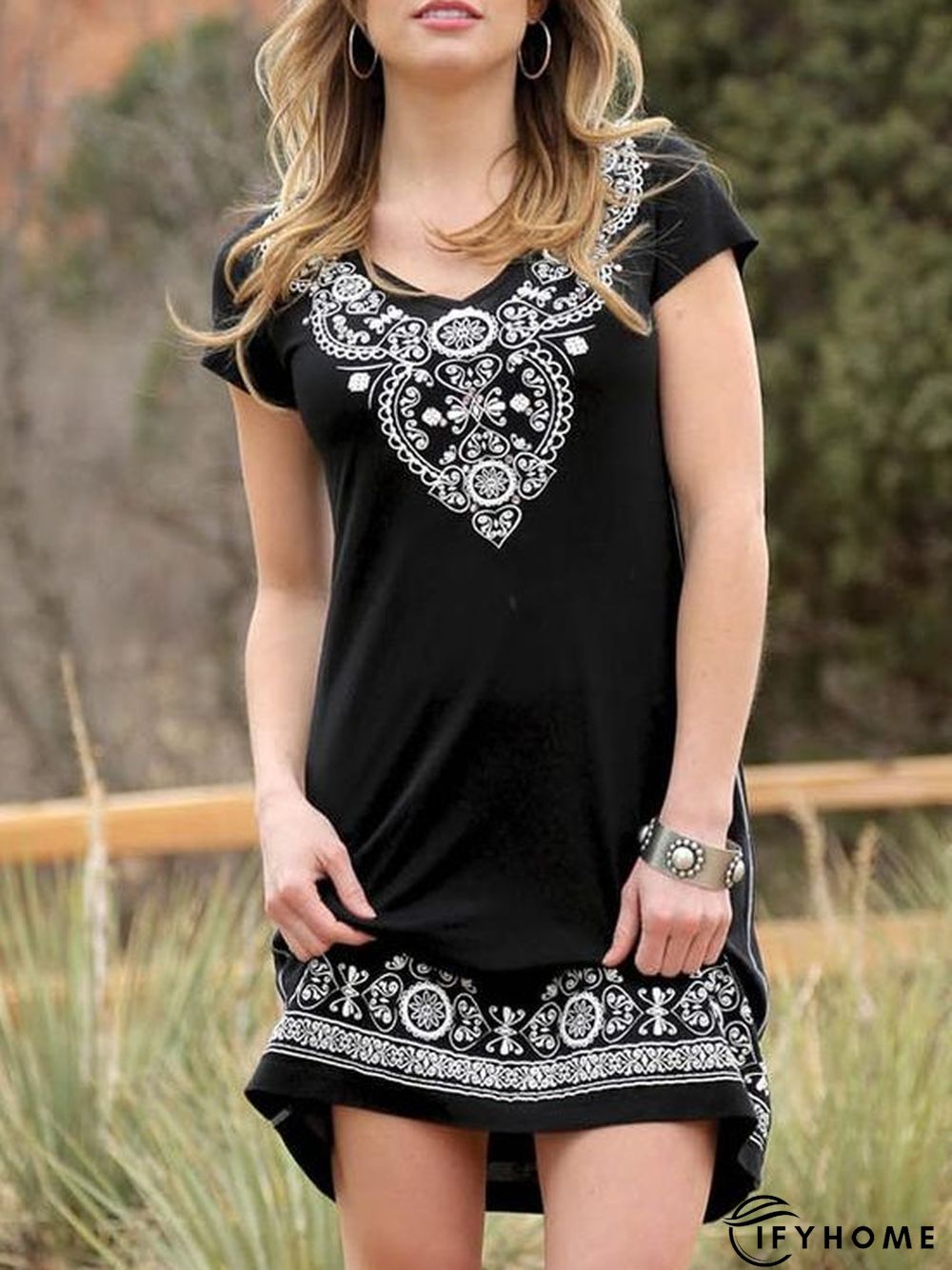 V Neck Casual Cotton-Blend Printed Weaving Dress | IFYHOME