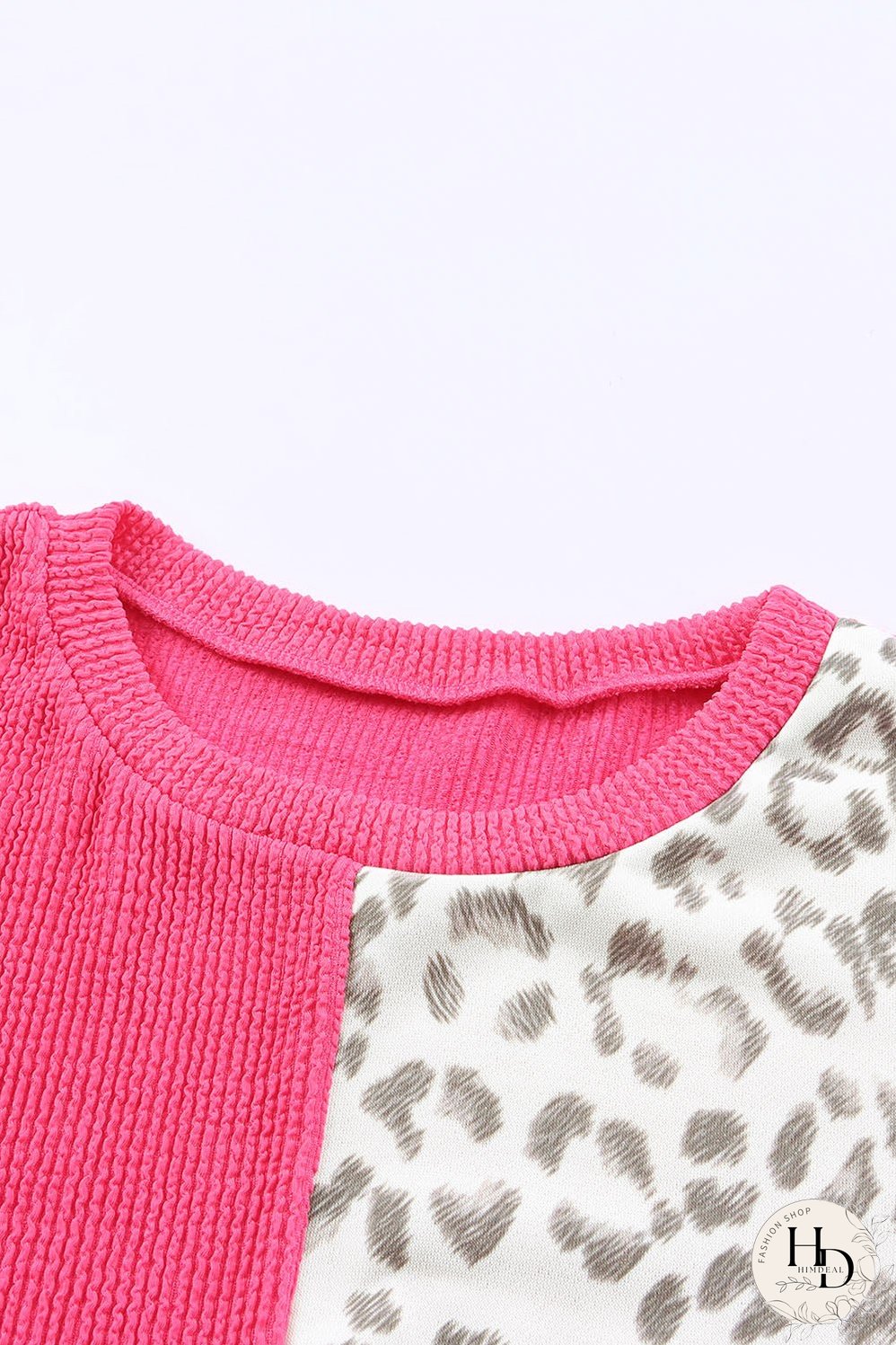 Pink Leopard Patchwork Color Block Ribbed Top