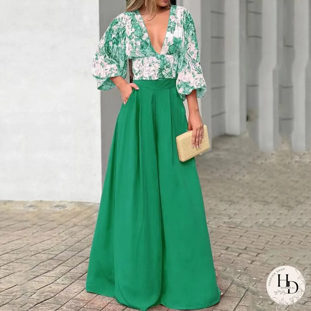 Sexy V-neck Print Blouse And Long Pants Outfits Women Elegant Puff Sleeve Two Piece Suit