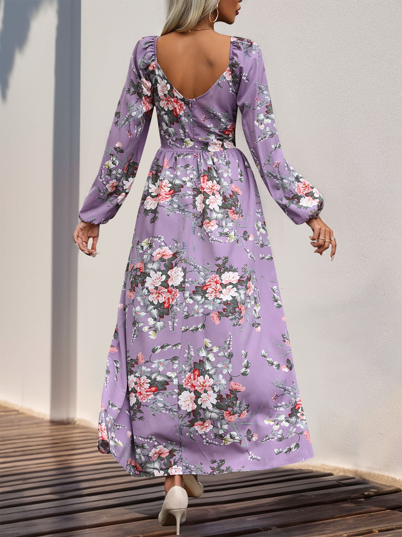 Women's Long Sleeve V-neck Floral Printed Slit Midi Dress